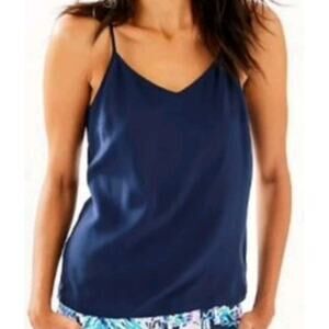 Lilly Pulitzer Silk Top Navy Gold Accent Resort Luxe M